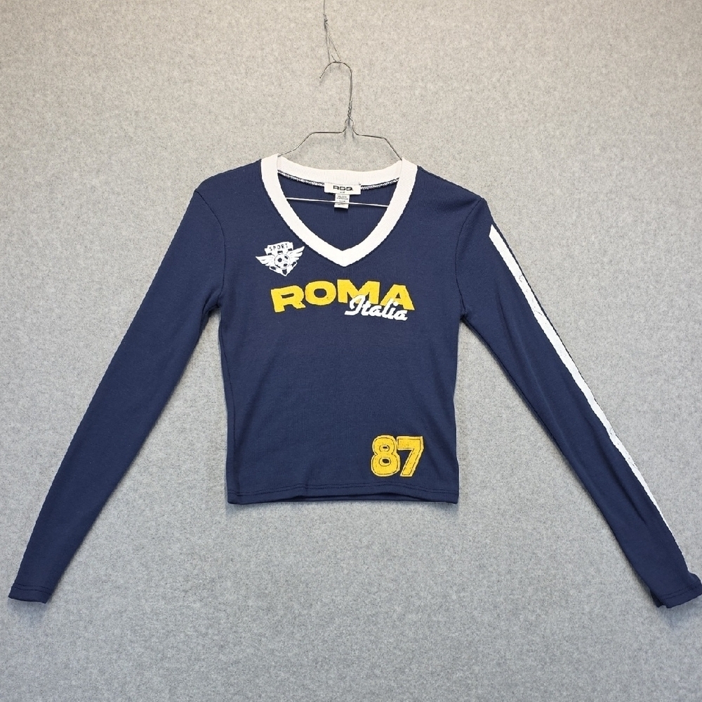 RSQ Roma Italia Long Sleeve Crop Top Navy Blue V-Neck Small